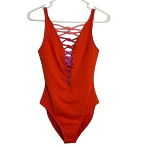 Orange Lace Up Multicolor V Neck One Piece Swimsuit Back Strappy Bathing Suit